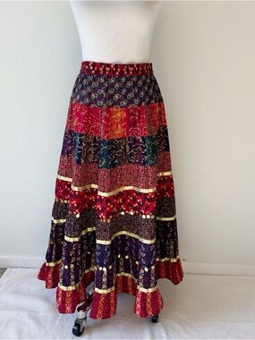Sacred Threads Dark Festival Tiered Red Blue Gold Medallion Skirt One Size Asian